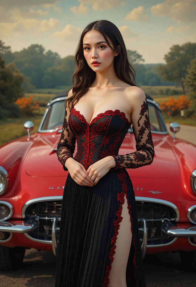 La Mona Lisa junto a un Corvette rojo con estilo gótico