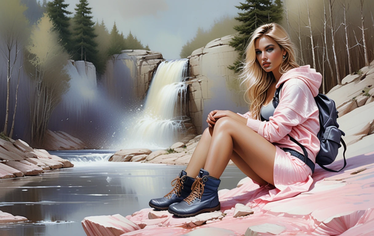 Chica rubia atlética descansando sobre una roca junto a una cascada en el bosque