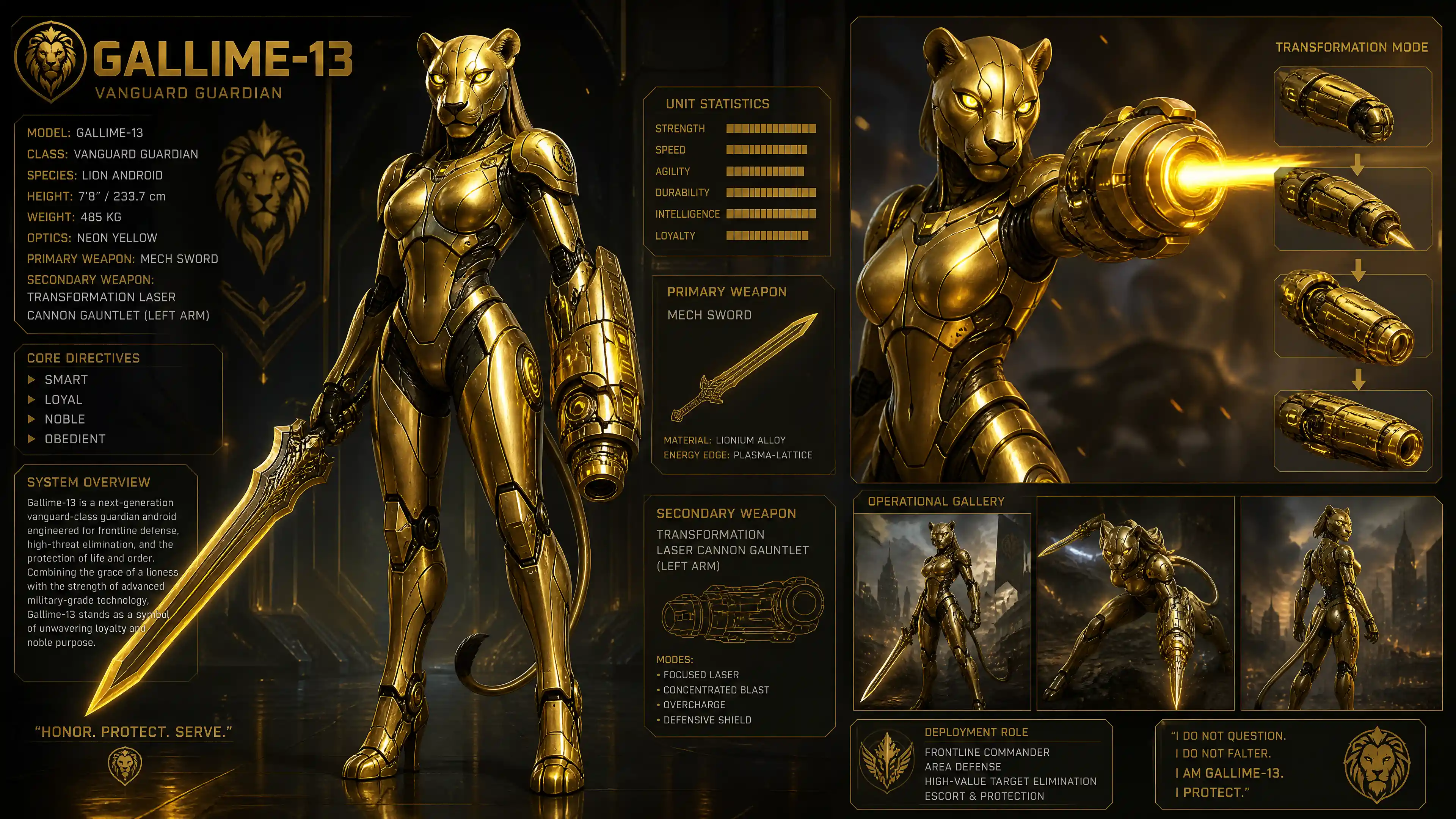 Elegante leona androide dorada con ojos amarillo neón