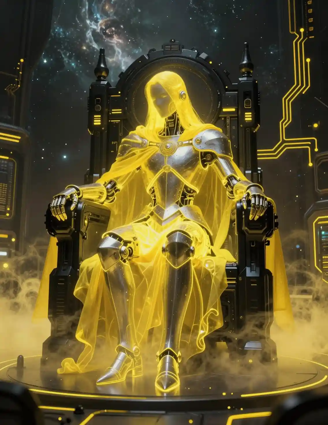 Giant knight in yellow cape on obsidian throne
