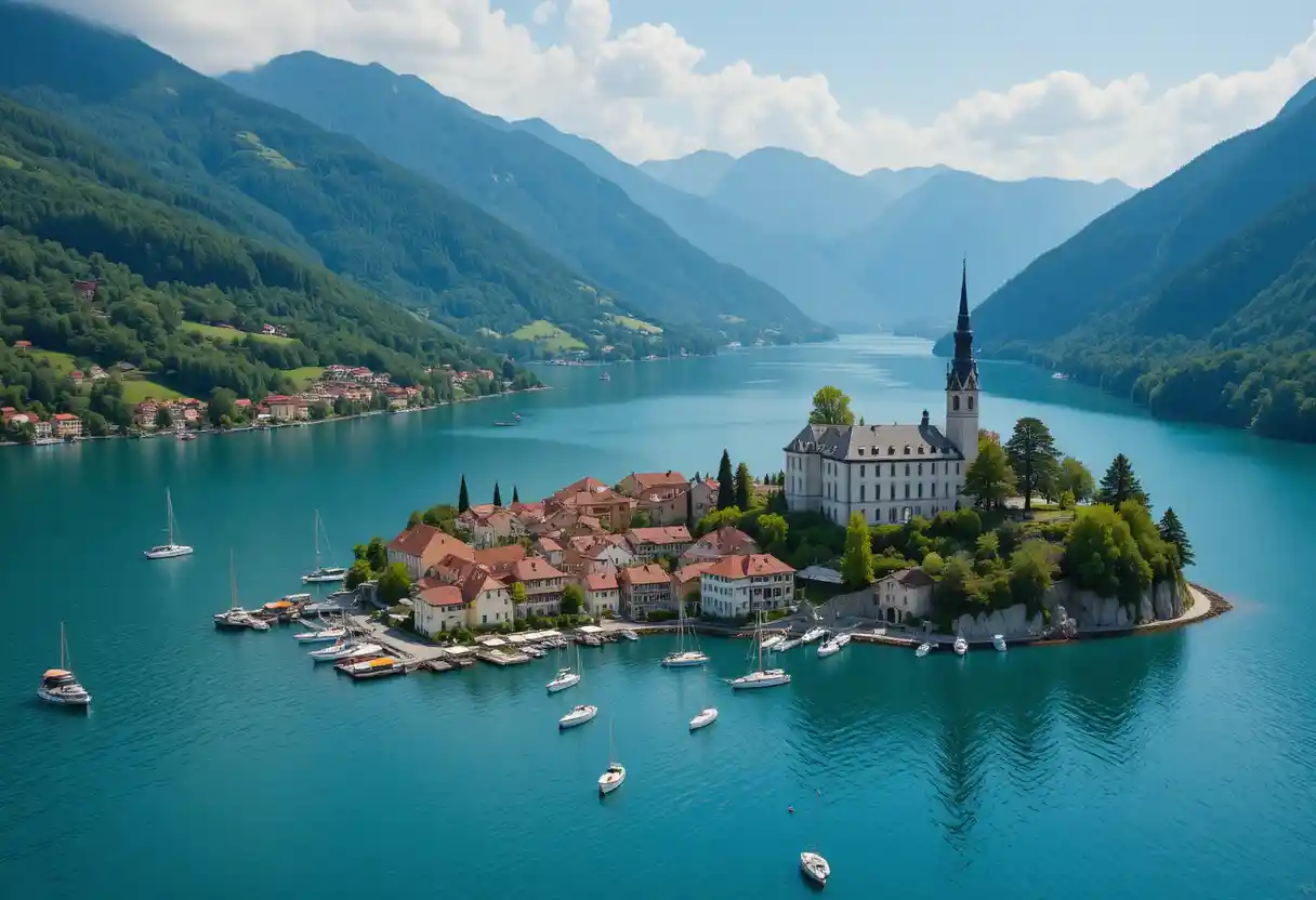 Aerial view of a serene lakeside village and mountains