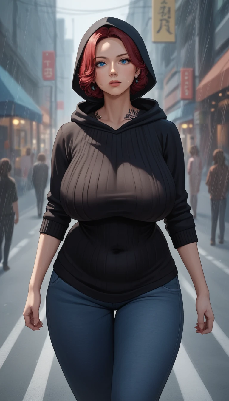 雨の暗い通りに立つカジュアル服のアニメ女性