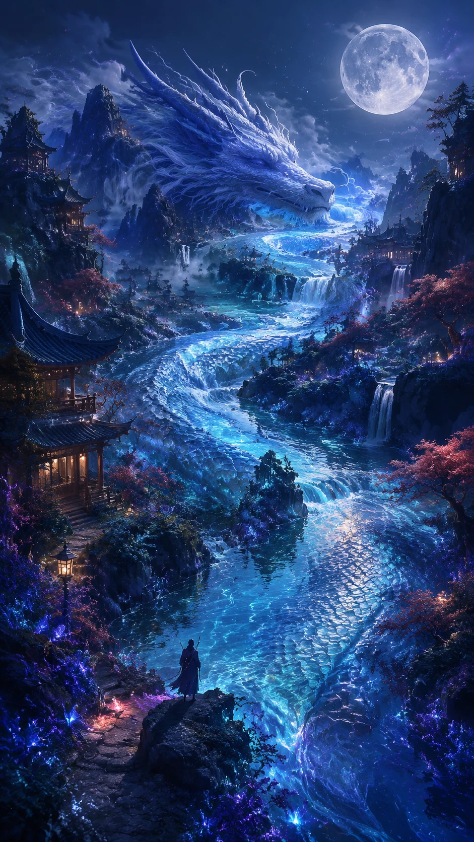 Dragón plateado que fluye hacia un valle fluvial a la luz de la luna