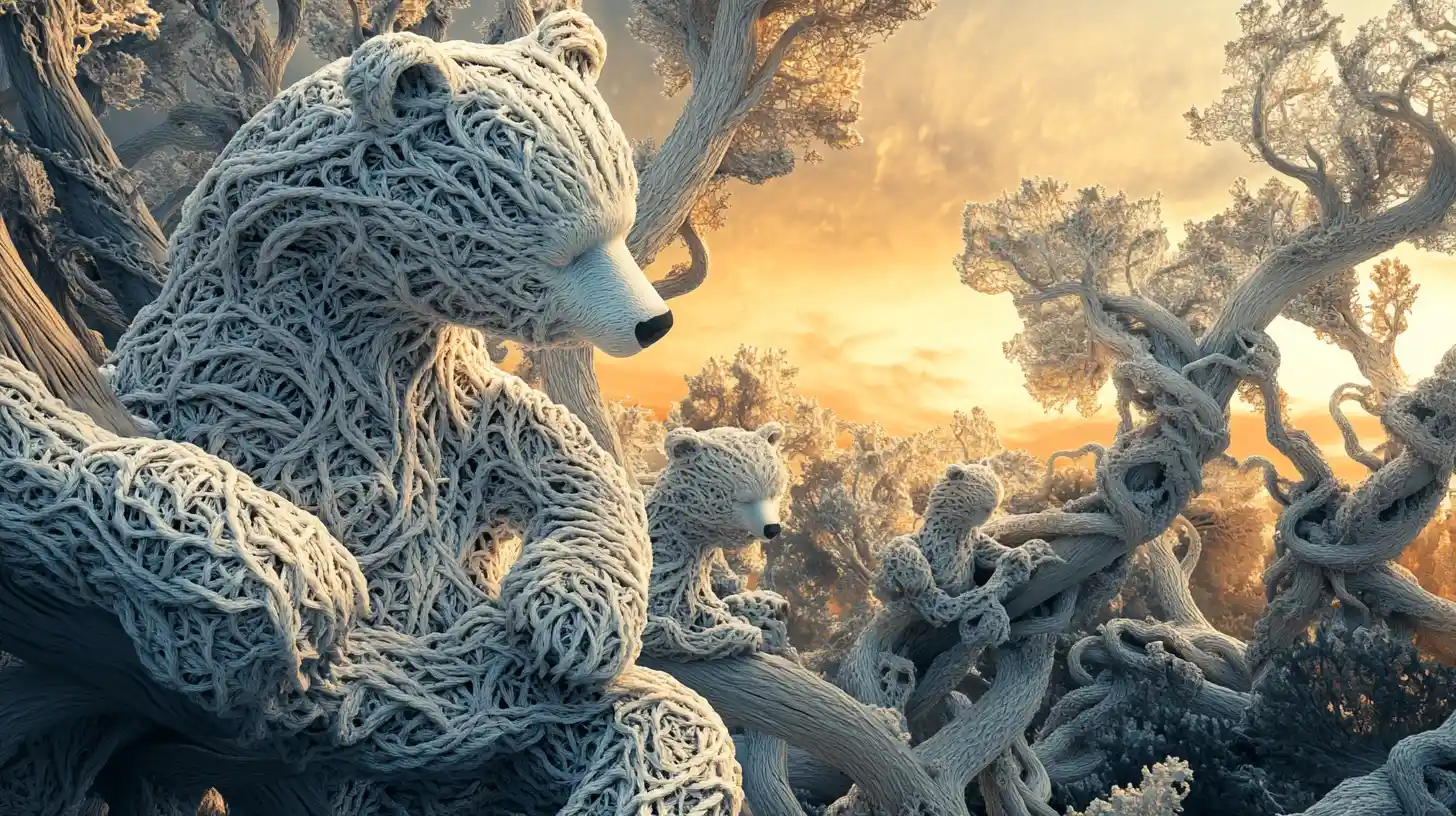 Surreal forest of glowing bear sculptures at sunset