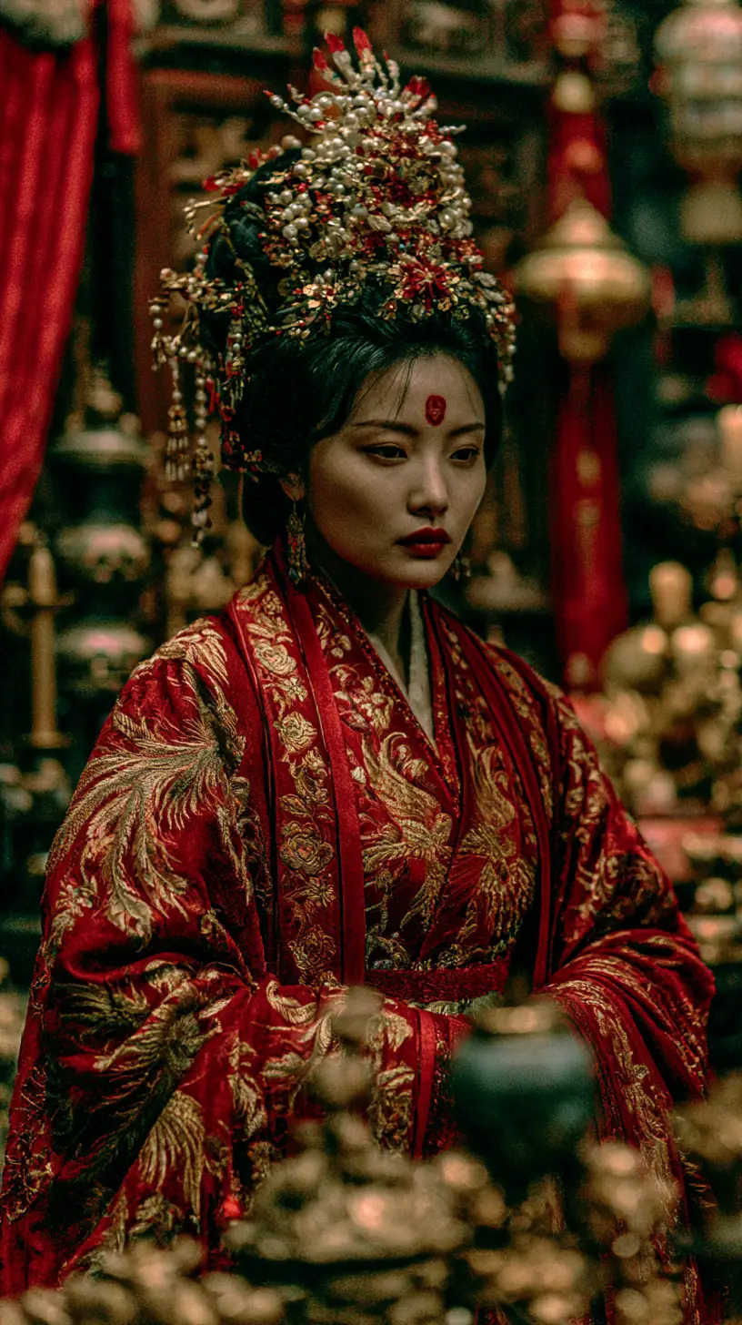 Ancient Chinese noblewoman in red silk within palace glow