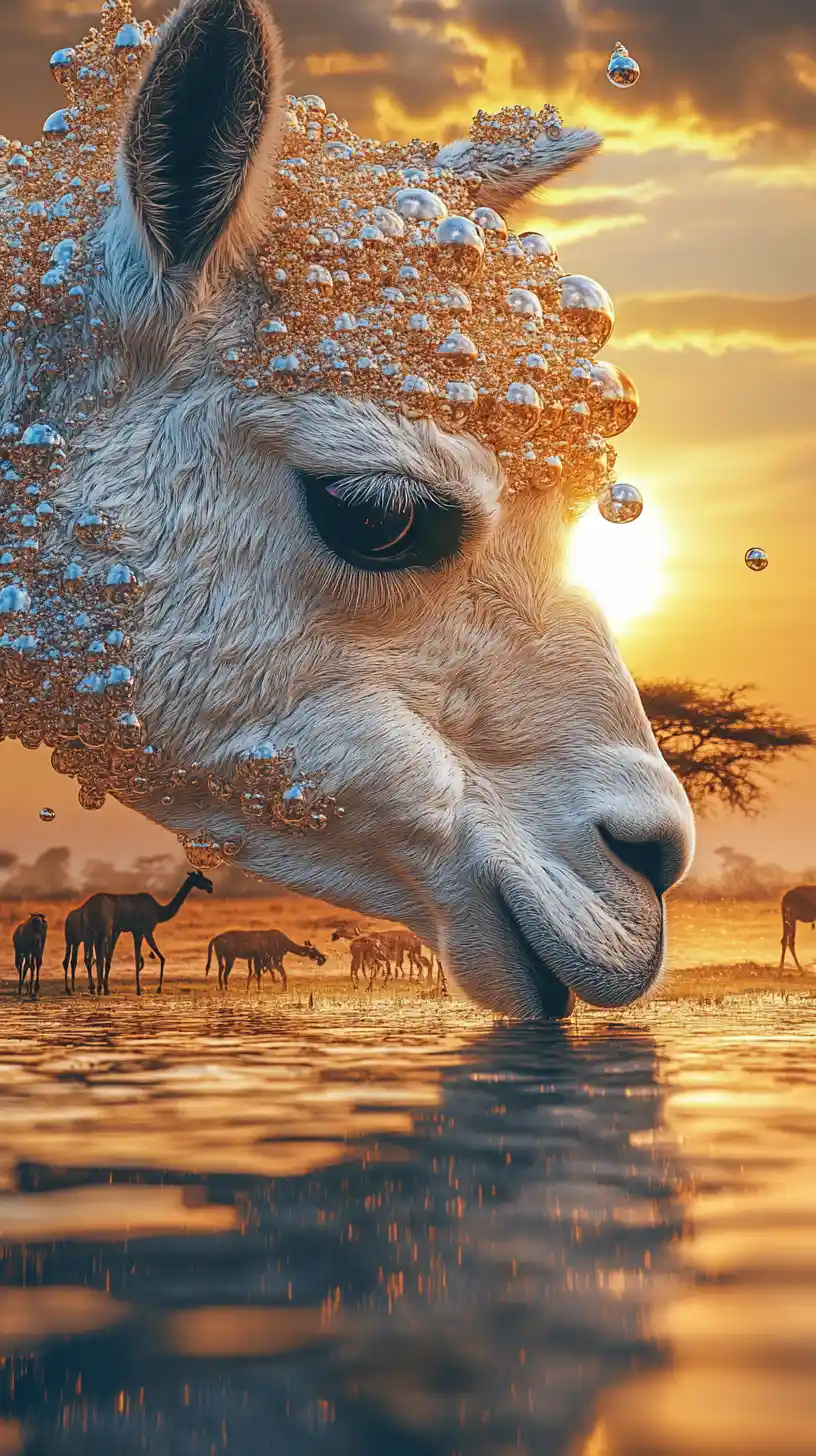 Surreales Alpakaporträt mit leuchtender Sonnenuntergangslandschaft