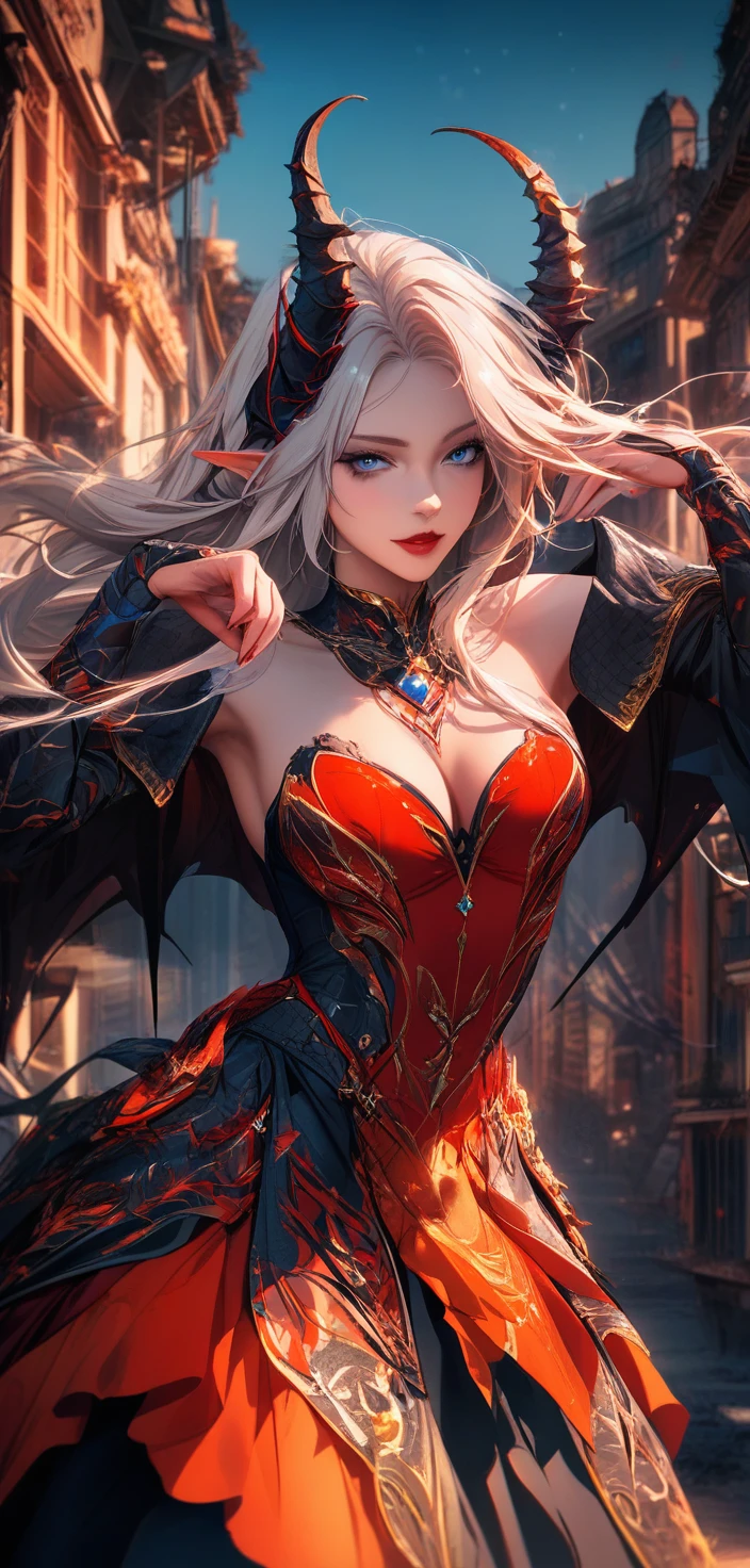 Donna tiefling con corna e ali nel tramonto del deserto
