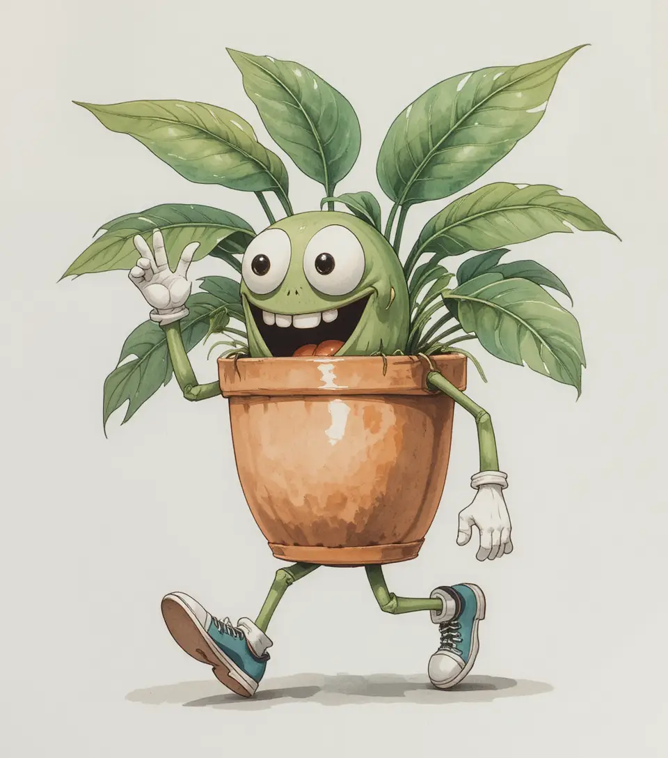 Plante monstera joyeuse en dessin animé marchant avec un pouce levé