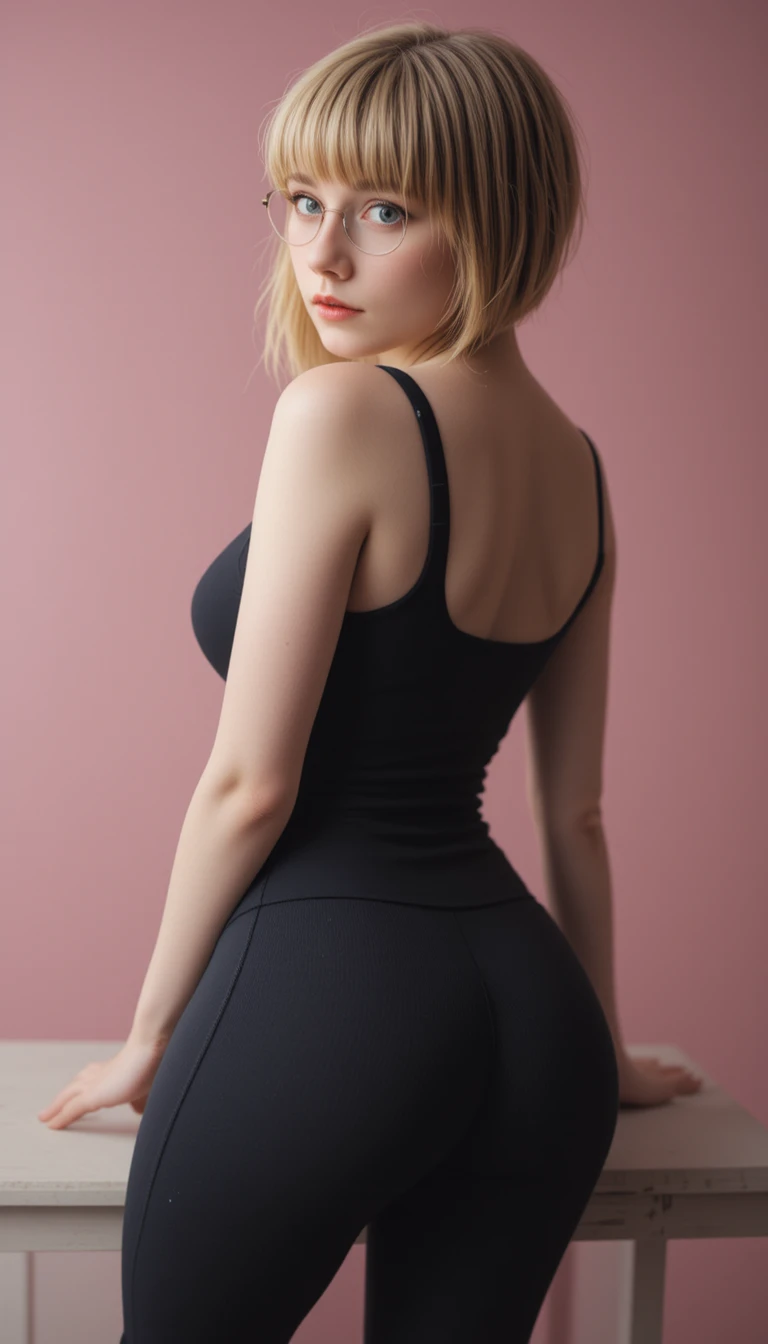 Mujer rubia con gafas inclinándose hacia adelante sobre fondo rosa suave
