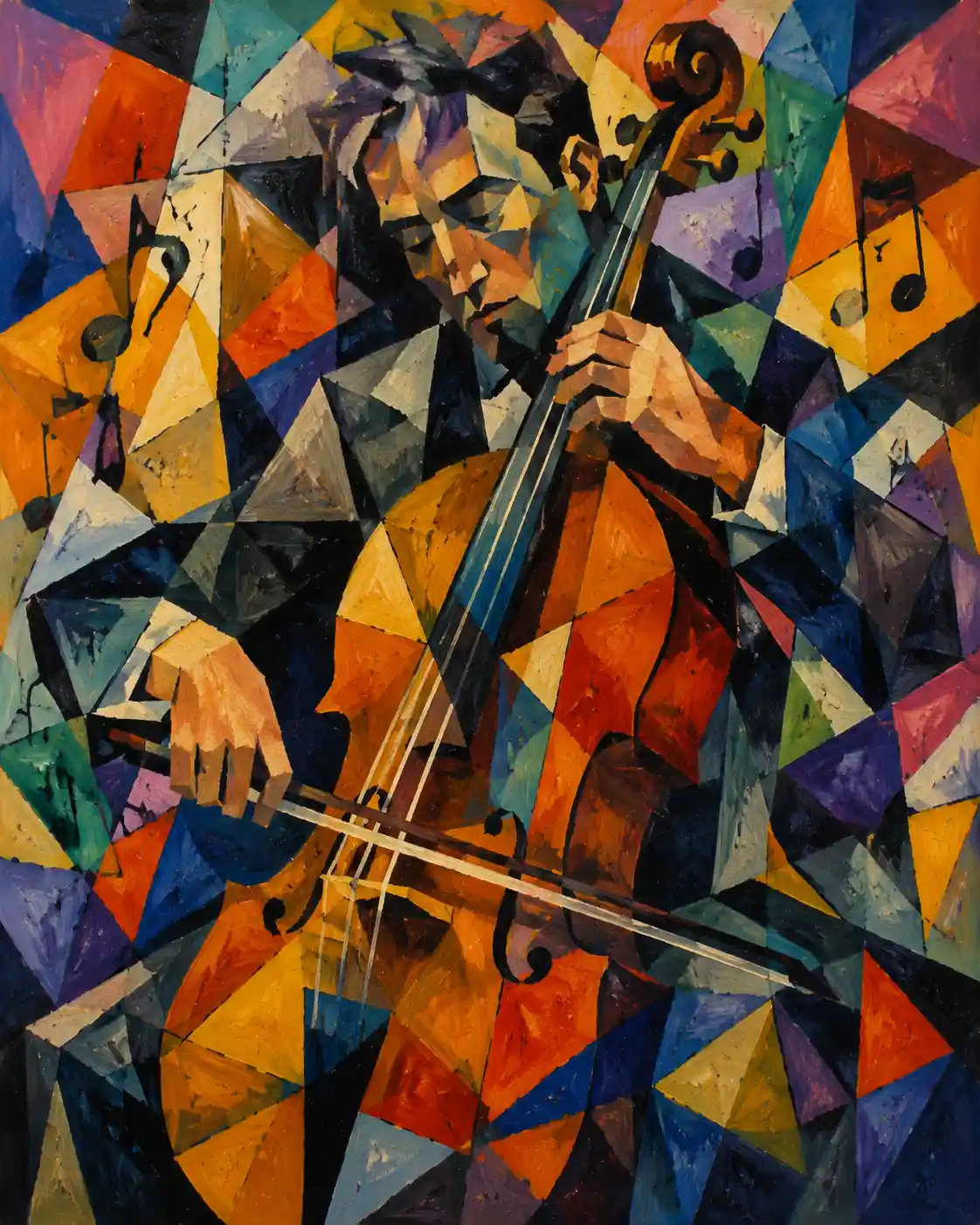 Cubist portrait of a passionate cellist in abstract motion