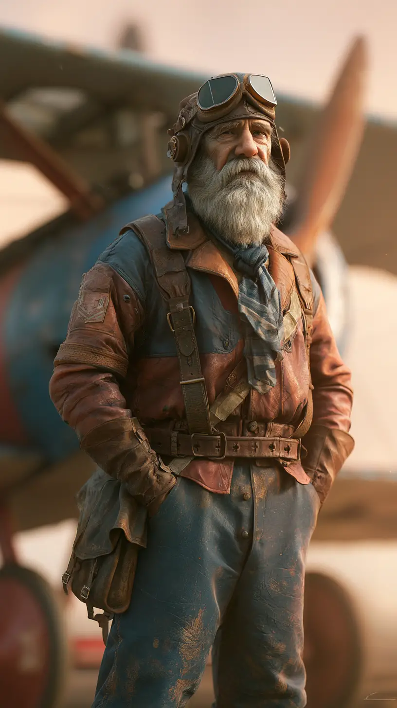 Piloto de la Primera Guerra Mundial de pie orgulloso junto a un biplano antiguo