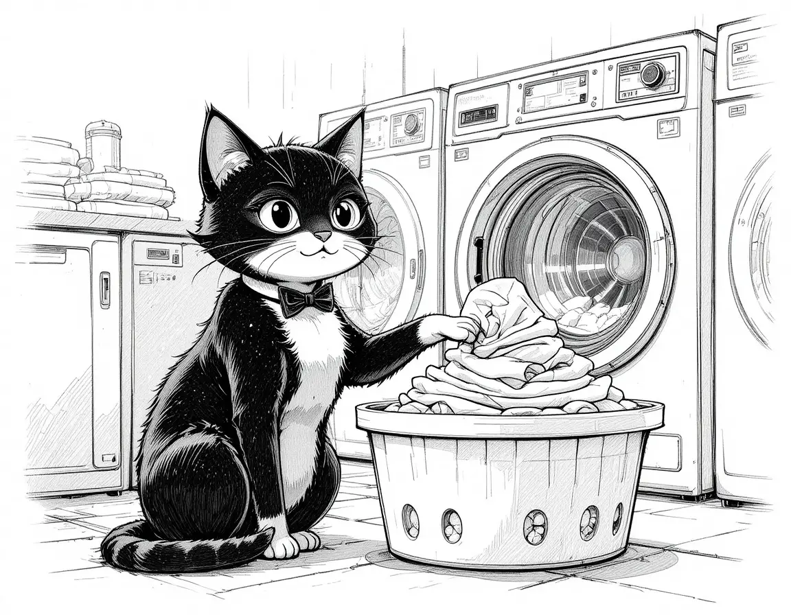 Tuxedo cat touching folded towels in a cozy laundry room