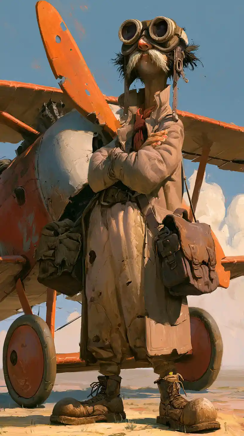 Alegre piloto de la Primera Guerra Mundial con un viejo avión desgastado
