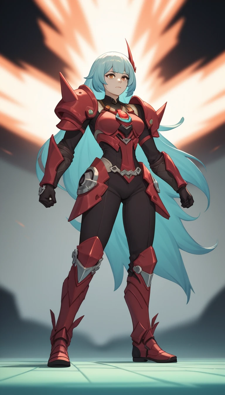 Armored anime heroine posing in a vibrant fantasy world