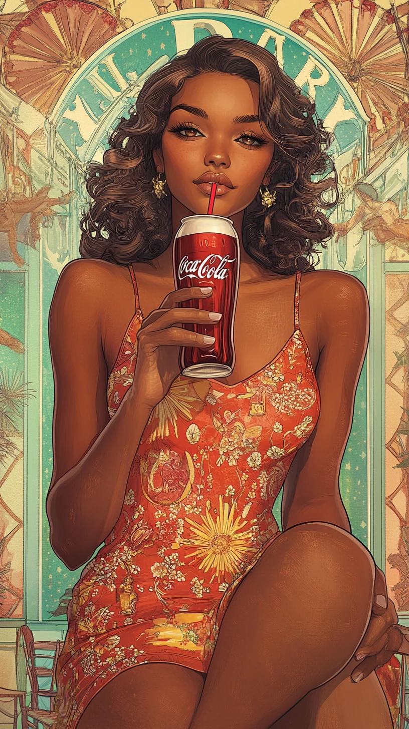 Young woman in 2000s dress enjoying a Coca Cola