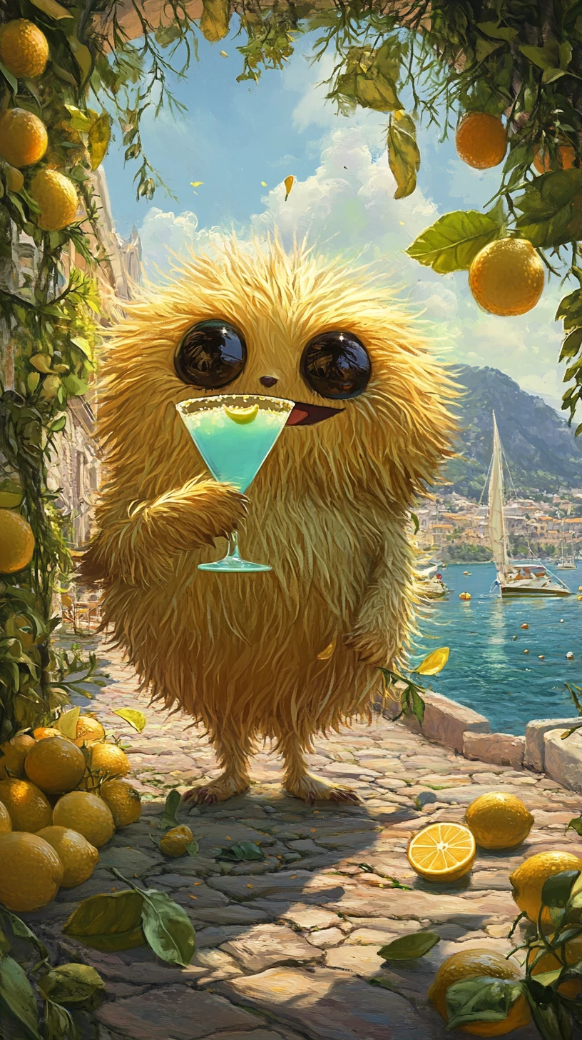 Fluffy golden creature holding margarita in a sunlit orchard