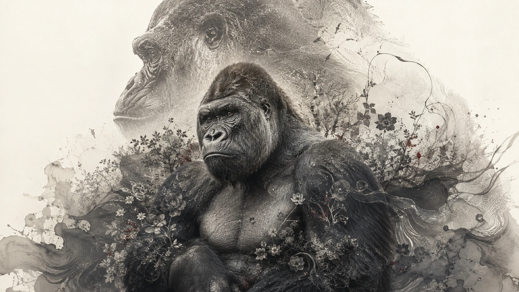 Ritratto surreale a inchiostro di un gorilla dal dorso argentato in astrazione