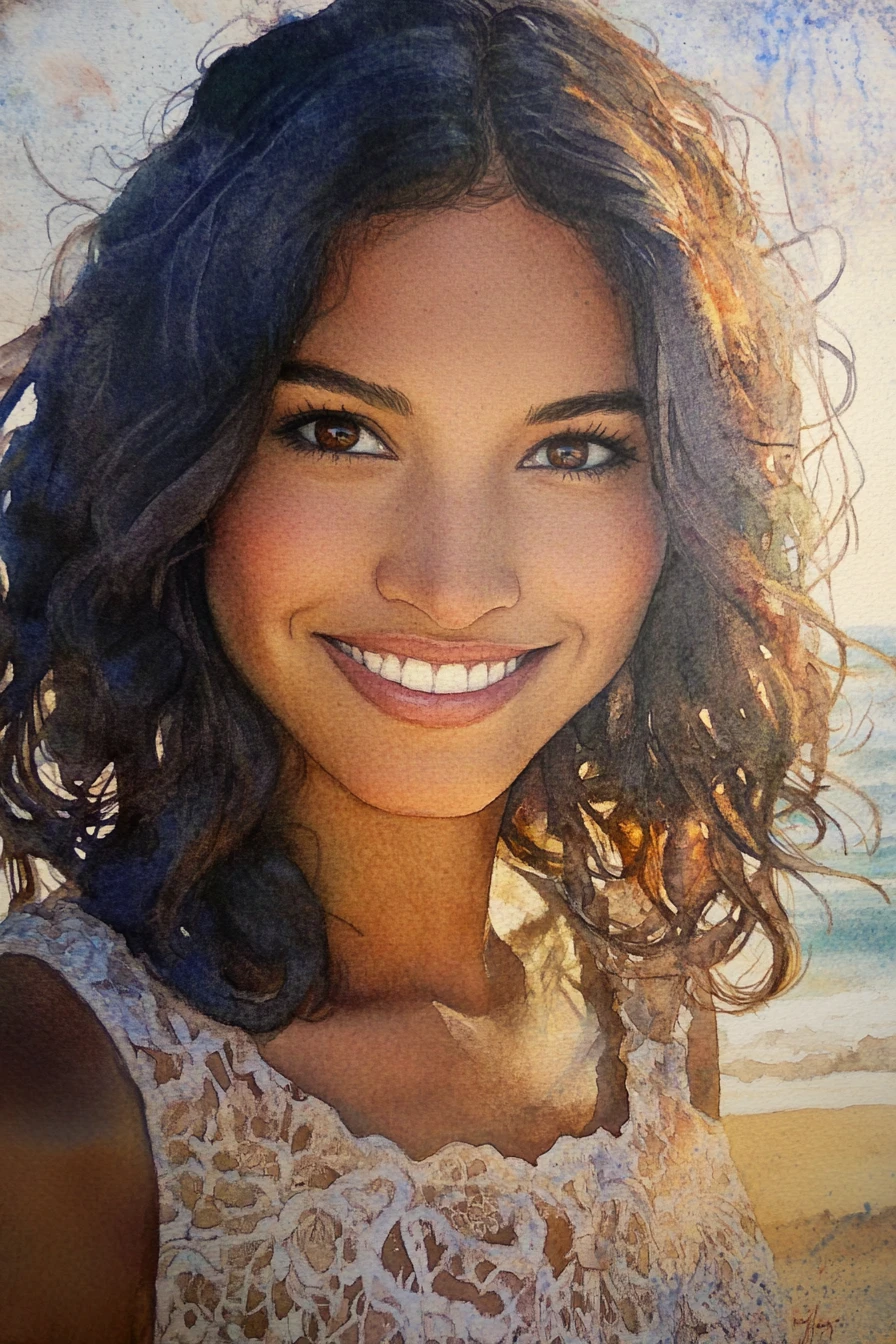 Retrato en acuarela de una mujer sonriente junto al mar