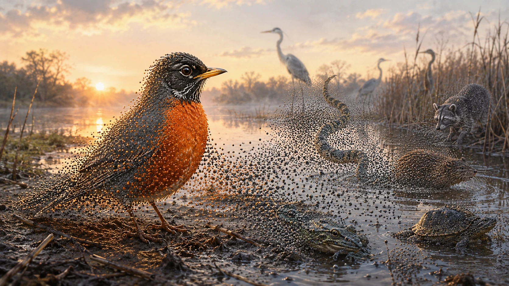 Robin On A Quiet Muddy Riverbank At Dawn
