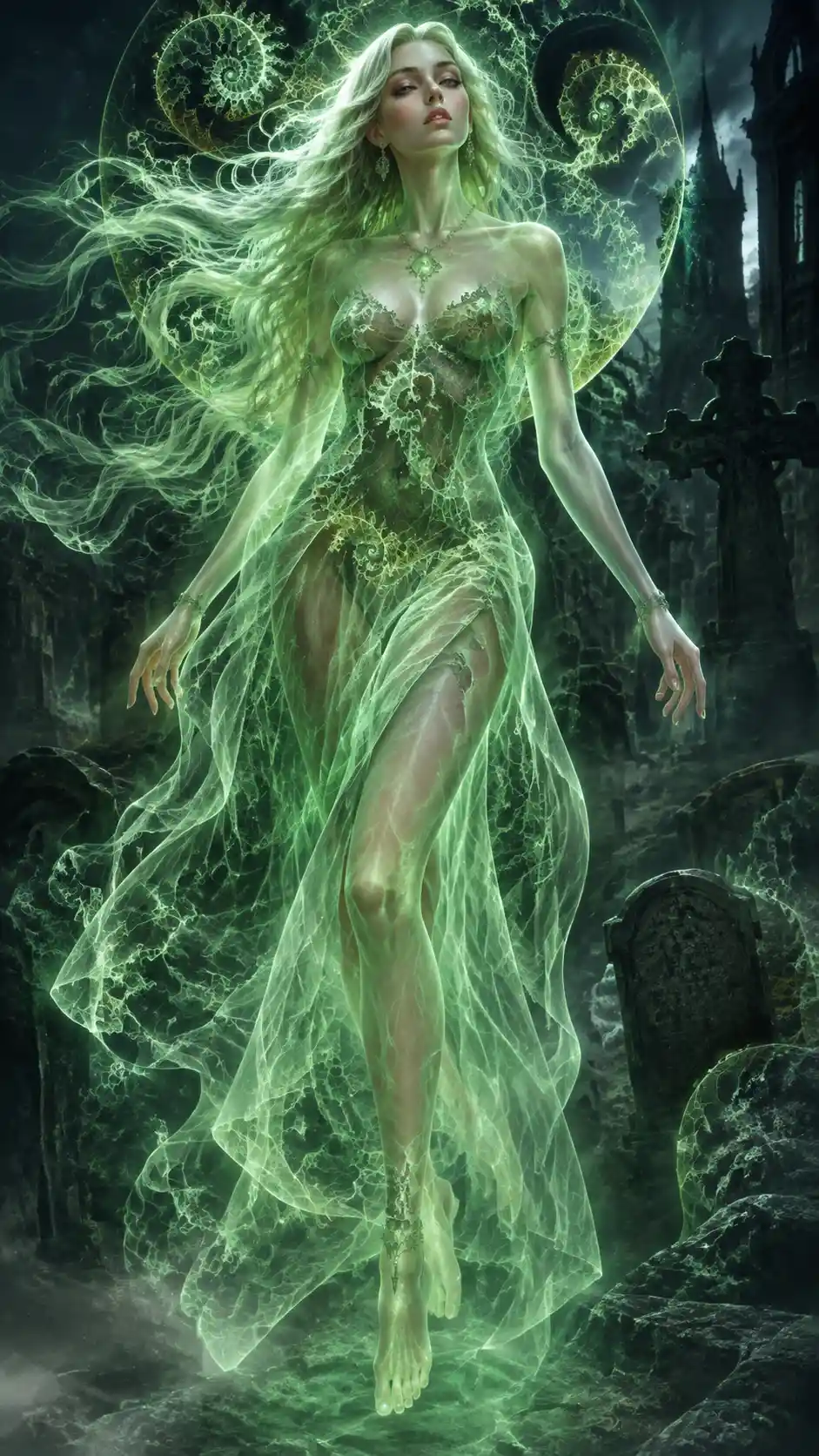 Elegante mujer fantasmal verde en un cementerio surrealista