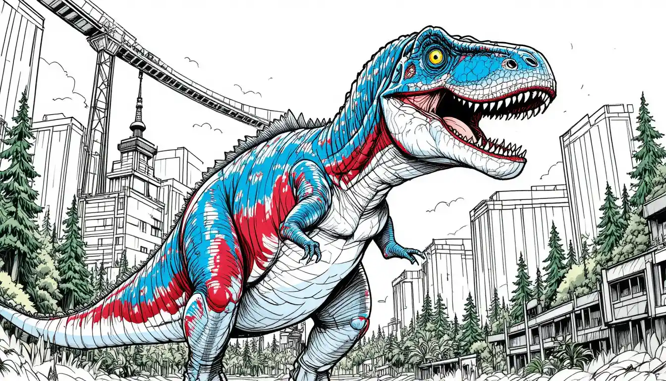 Tyrannosaurus rex towering over a stylized retro cityscape