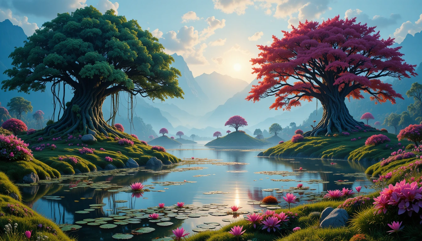 Serene Fantasy Lake With Ancient Trees At Dawn