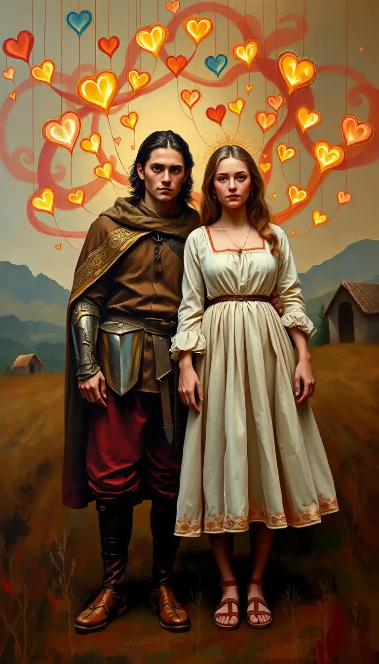 Feliz pareja de campesinos medievales en pintura de impasto expresiva