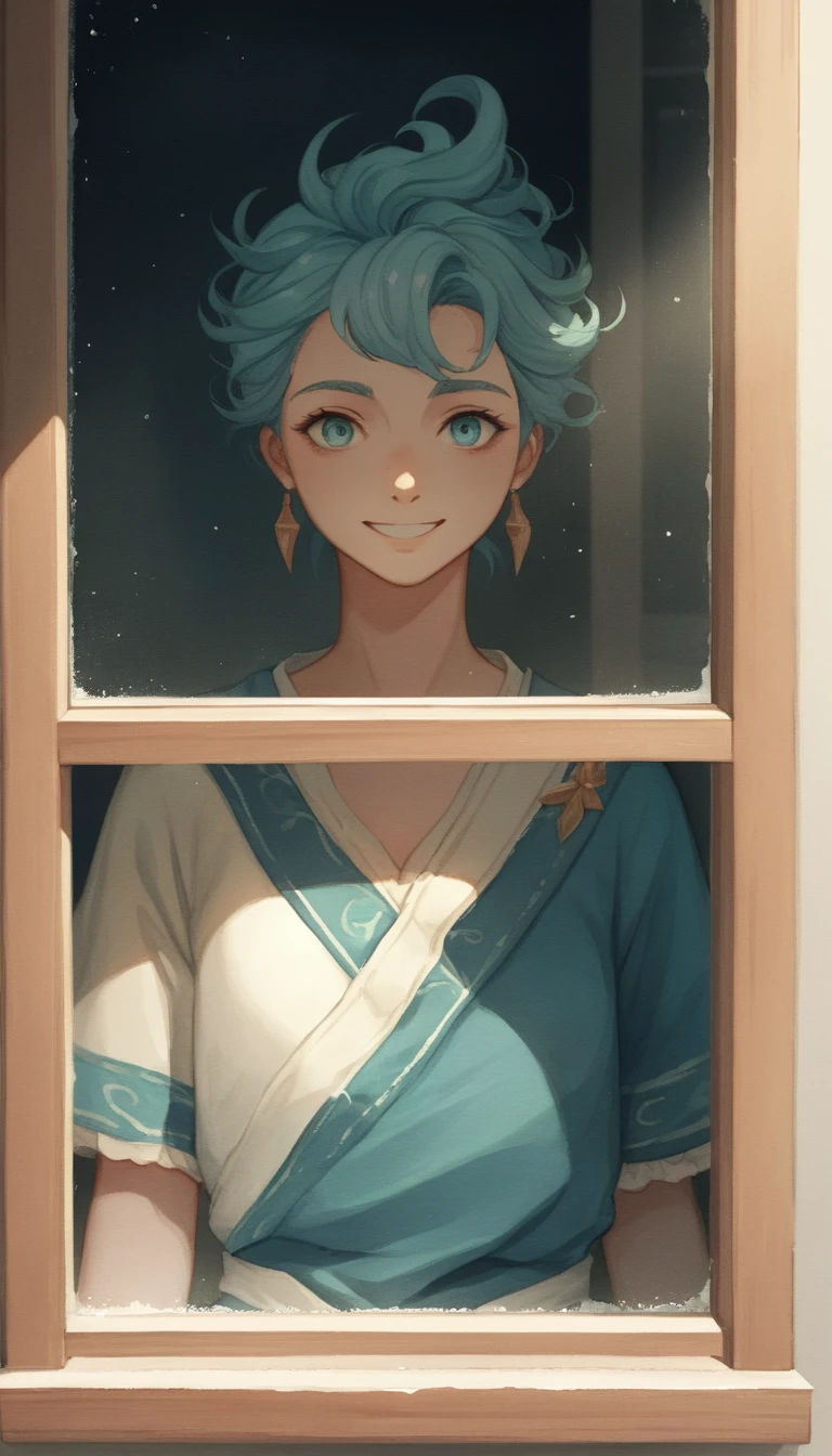 Chica guerrera sonriente en un colorido dormitorio otaku