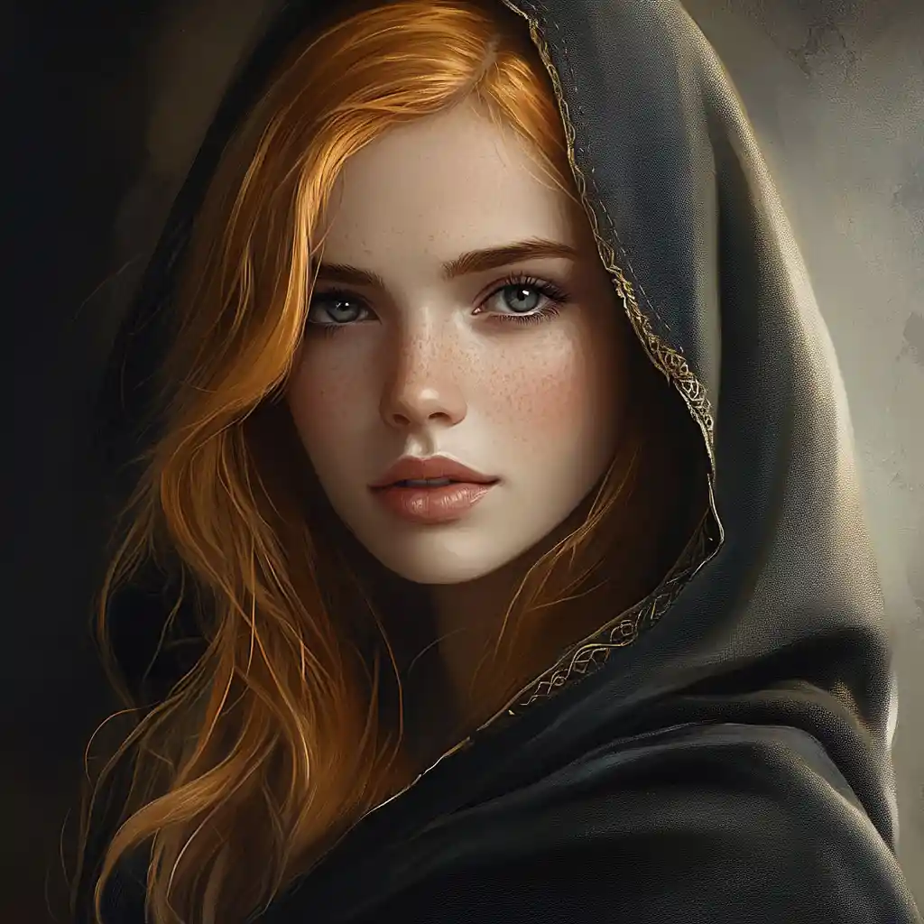 Curious elf rogue woman in a hooded cloak portrait