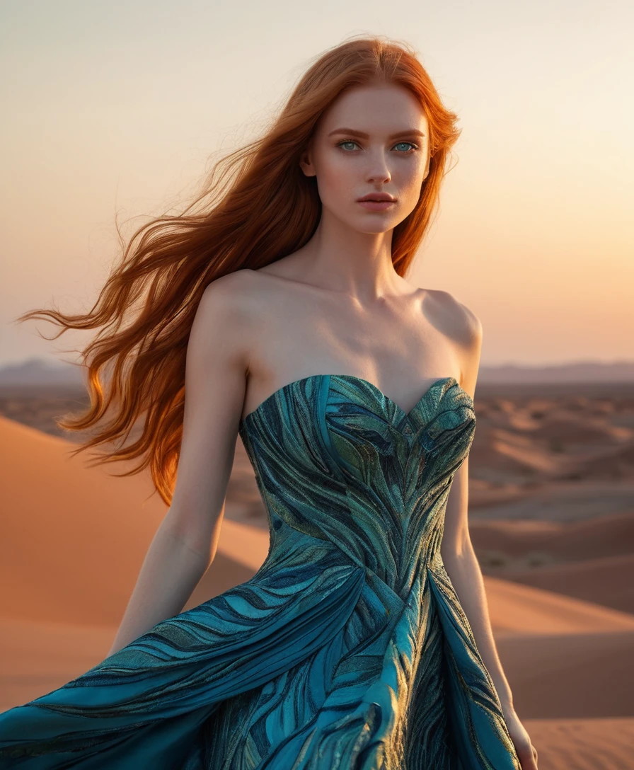 Donna dai capelli rossi in abito couture al tramonto nel deserto