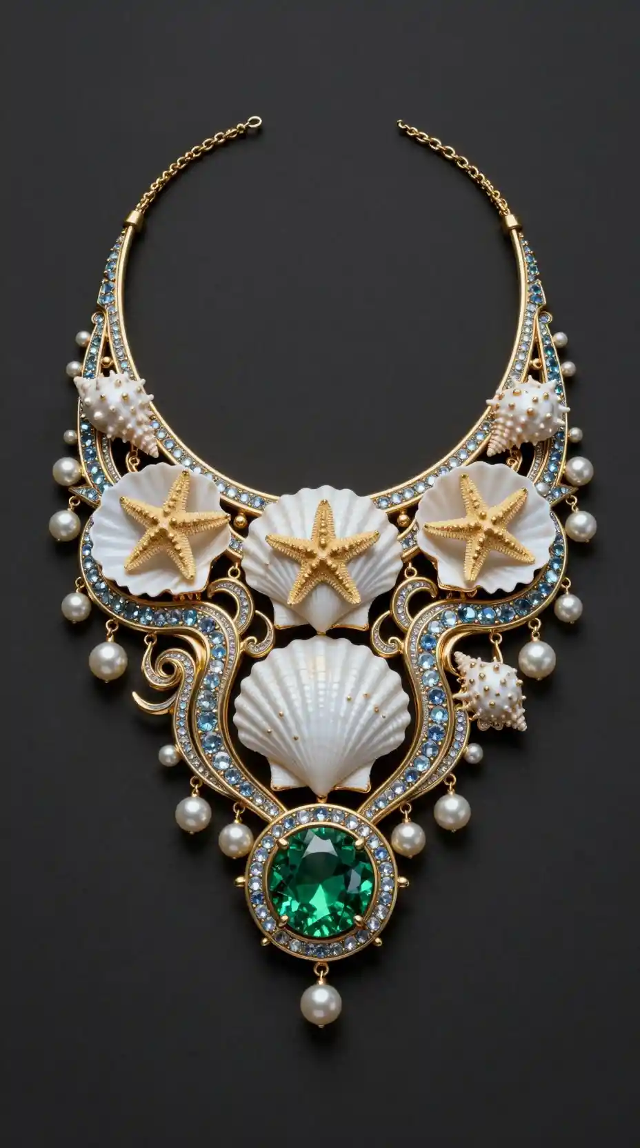Ornate gold necklace with seashells and emerald gemstone
