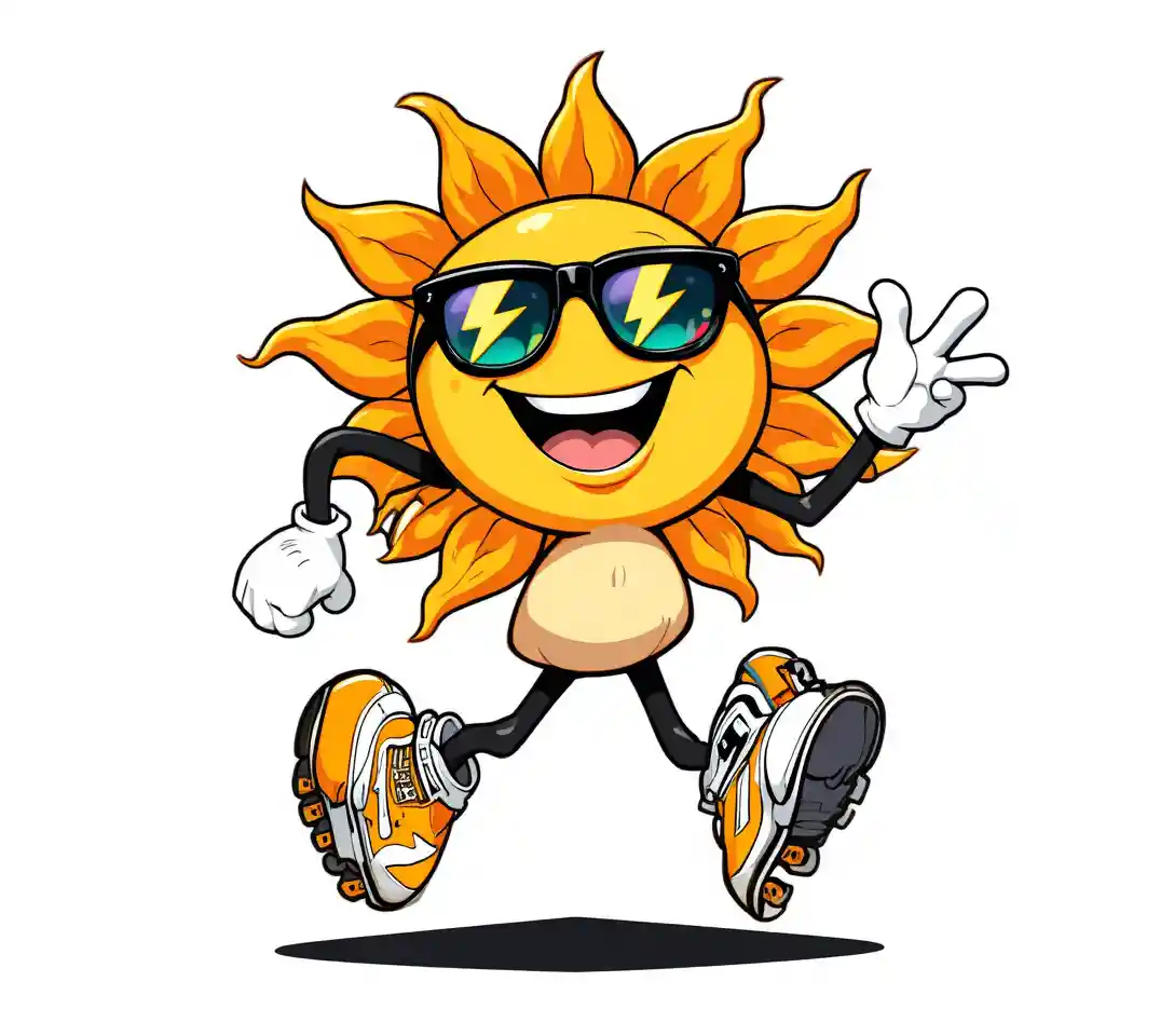 Retro cartoon sun character skating with bright energy
