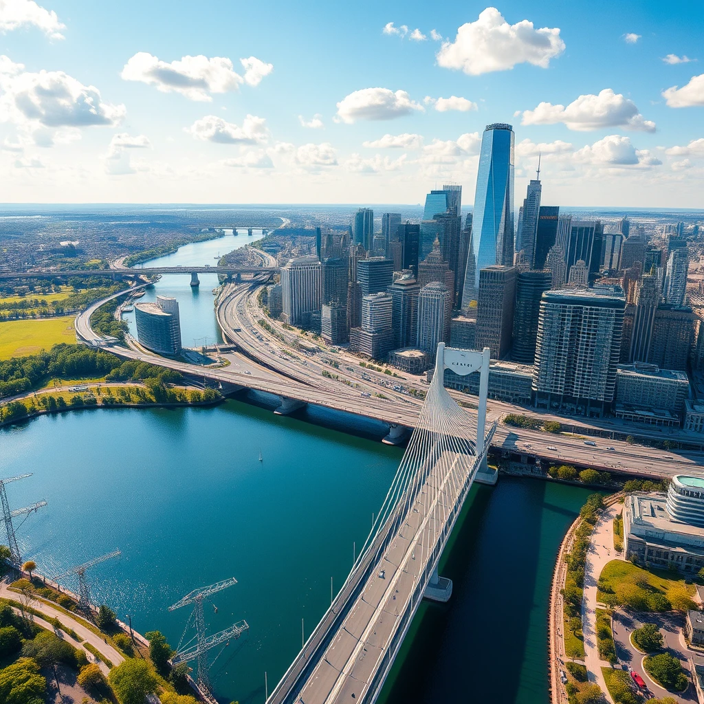 Horizonte urbano moderno con puente sobre un río azul cristalino