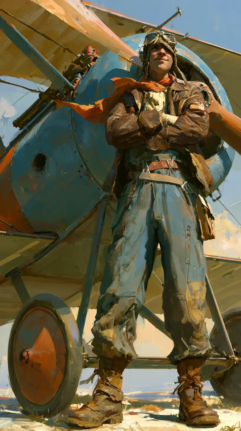 Piloto de la Primera Guerra Mundial posando frente a un biplano vintage