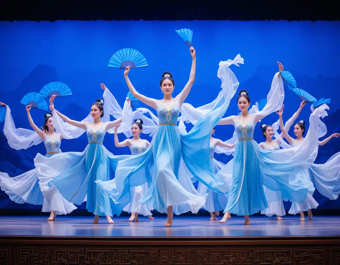 Bailarinas tradicionales chinas con abanicos azules en el escenario