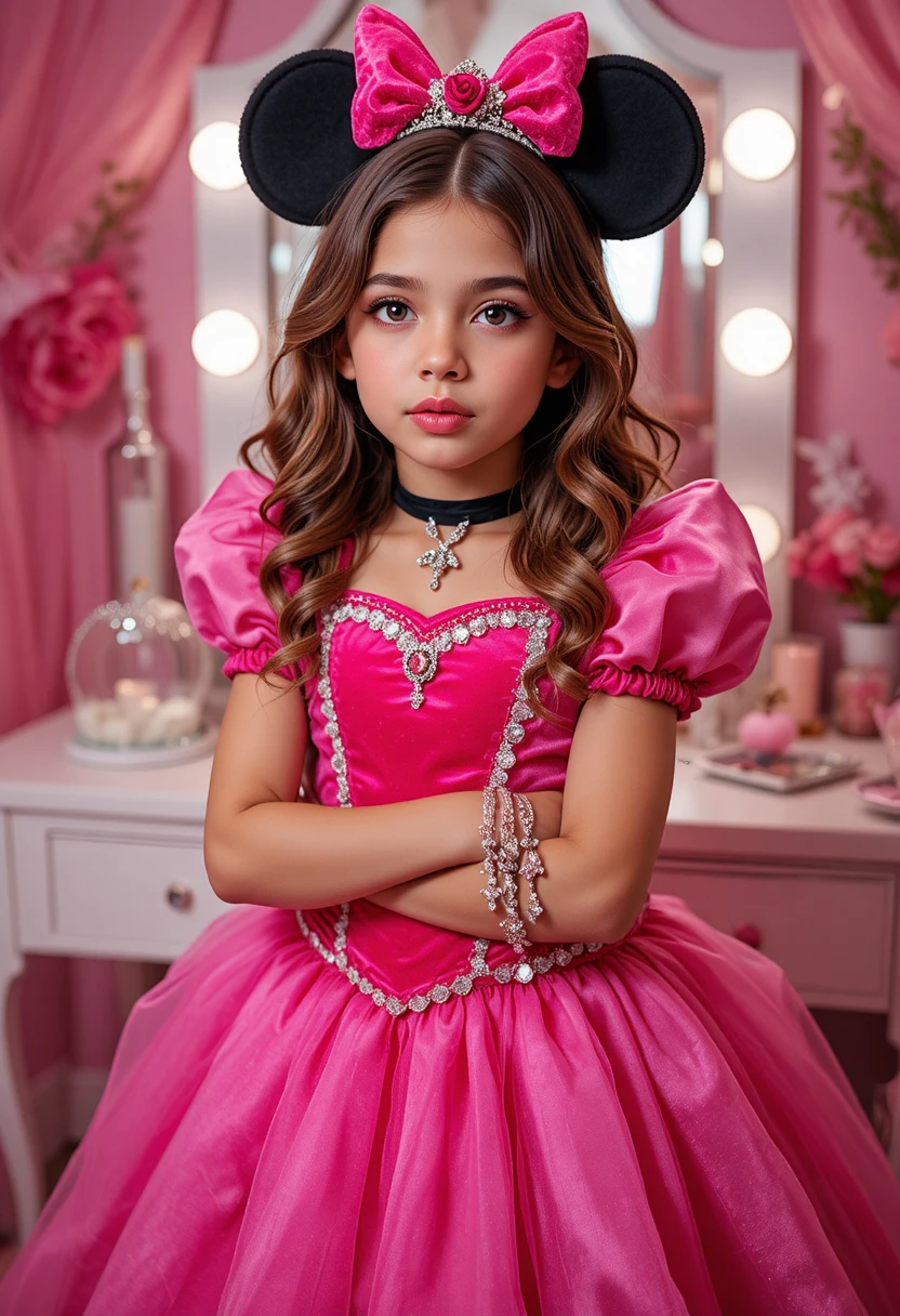 Niño con disfraz de princesa posando frente al tocador
