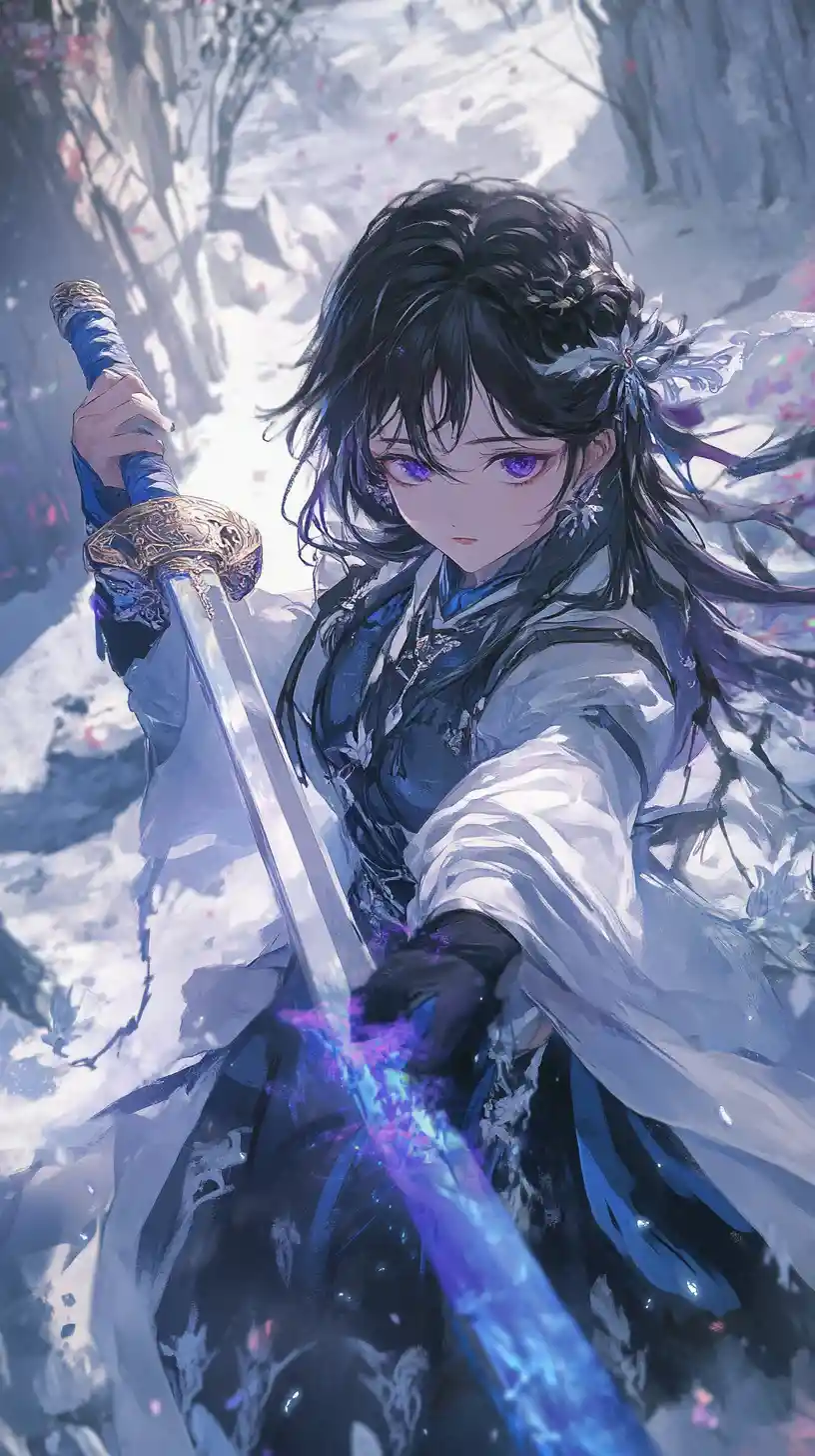 Crystal armored anime warrior girl with sword in ruins