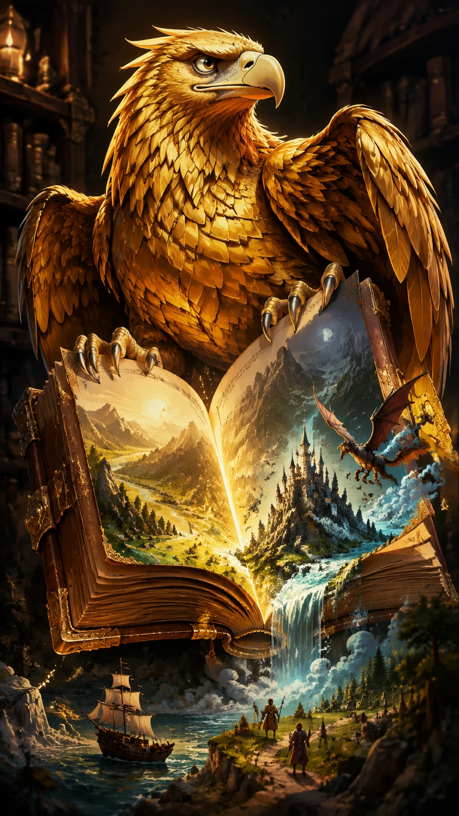 Golden feathered eagle on glowing ancient book of worlds