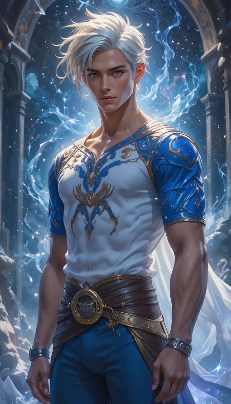 Anime eliatrope man with white hair and blue outfit