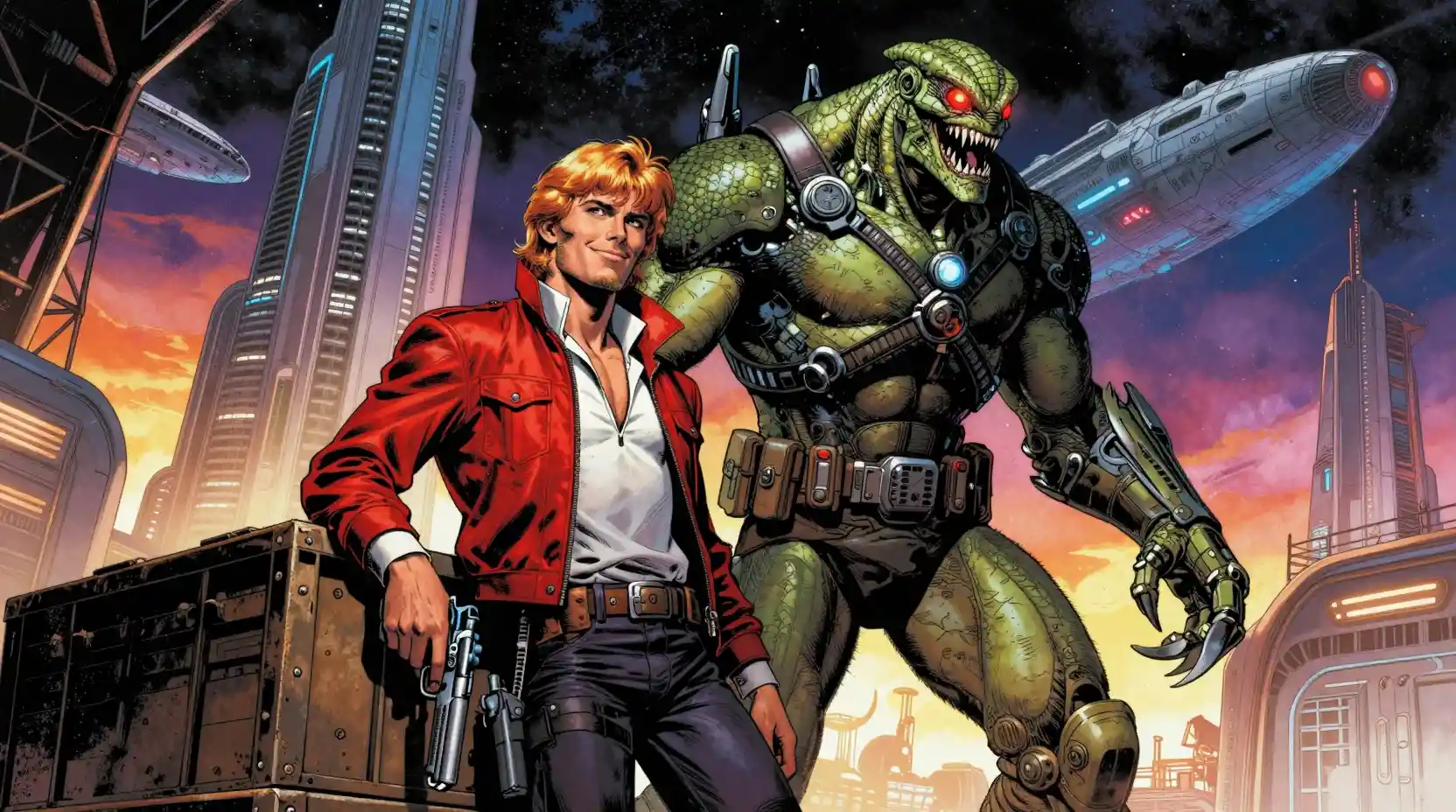 Space smugglers posing in a futuristic comic book cityscape