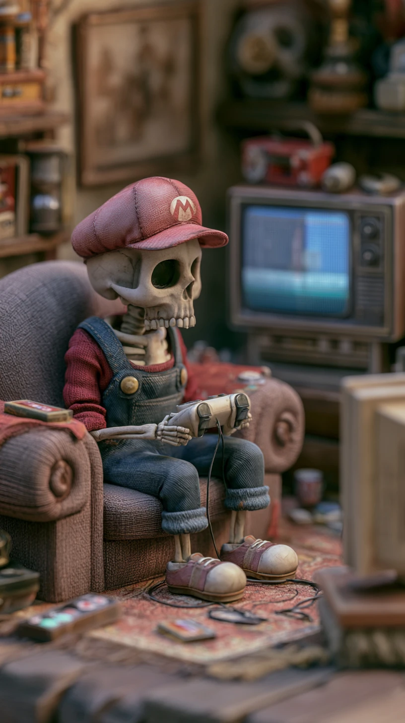 Esqueleto chibi jugando a un videojuego en una acogedora sala de estar