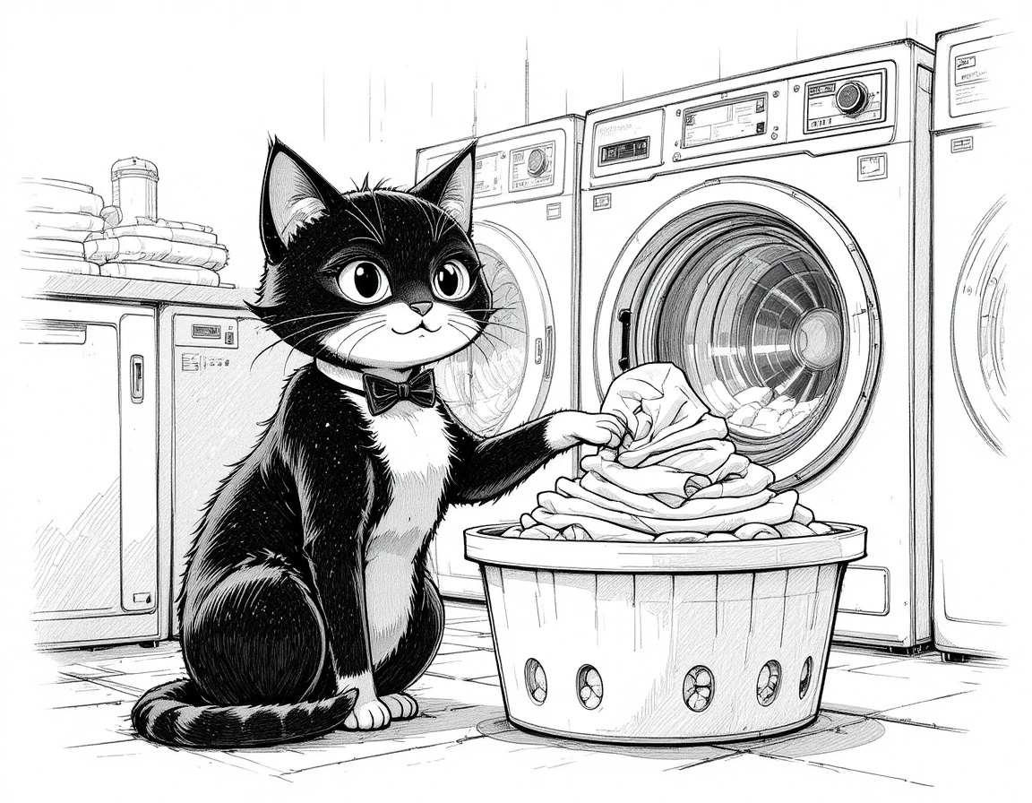 Tuxedo cat touching folded towels in a cozy laundry room