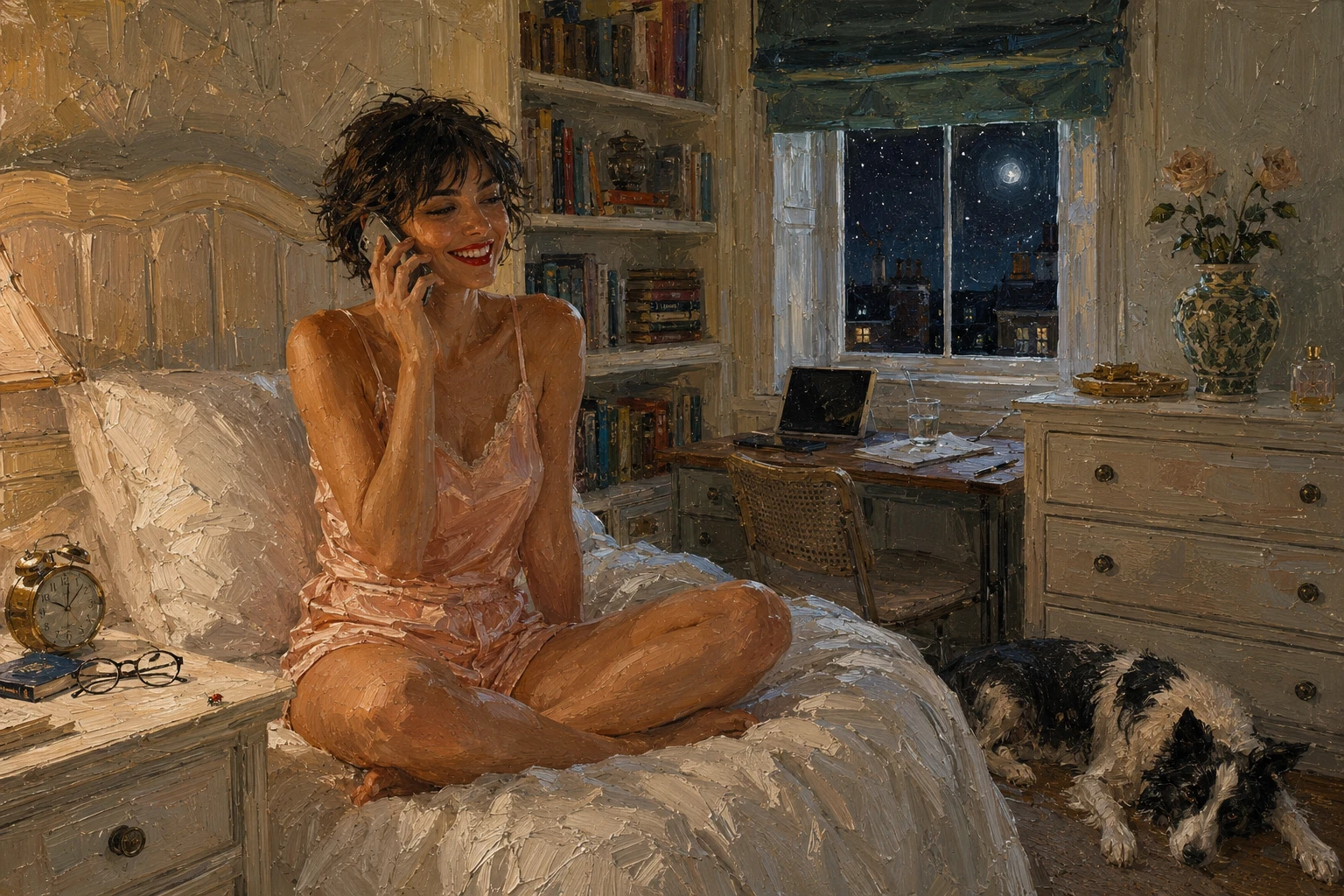 Mulher em cama de seda pêssego falando ao telefone à noite