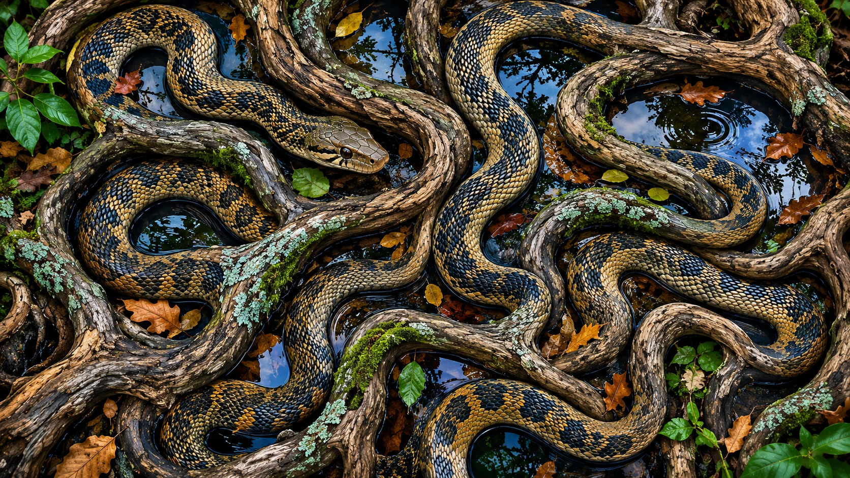 Vista aérea de uma cobra-d'água entre galhos caídos
