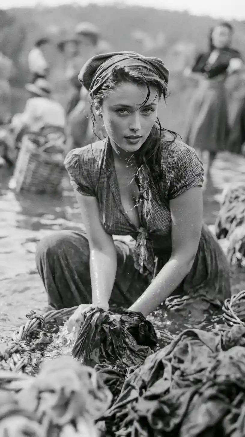 Beautiful Spanish woman washing clothes by the riverbank