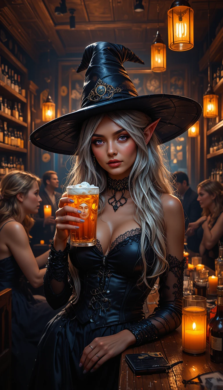 Bruja elfa de cabello plateado en una acogedora taberna de Halloween