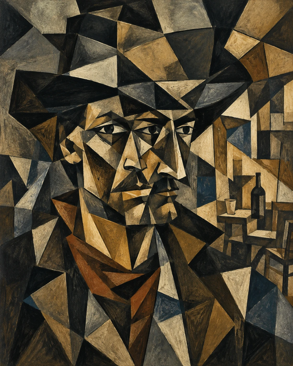 Retrato cubista de un forajido desafiante con formas fracturadas de salón