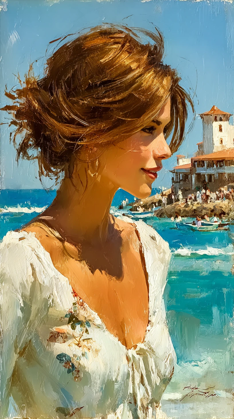 Giovane donna giapponese in riva al mare nella luce solare soffusa