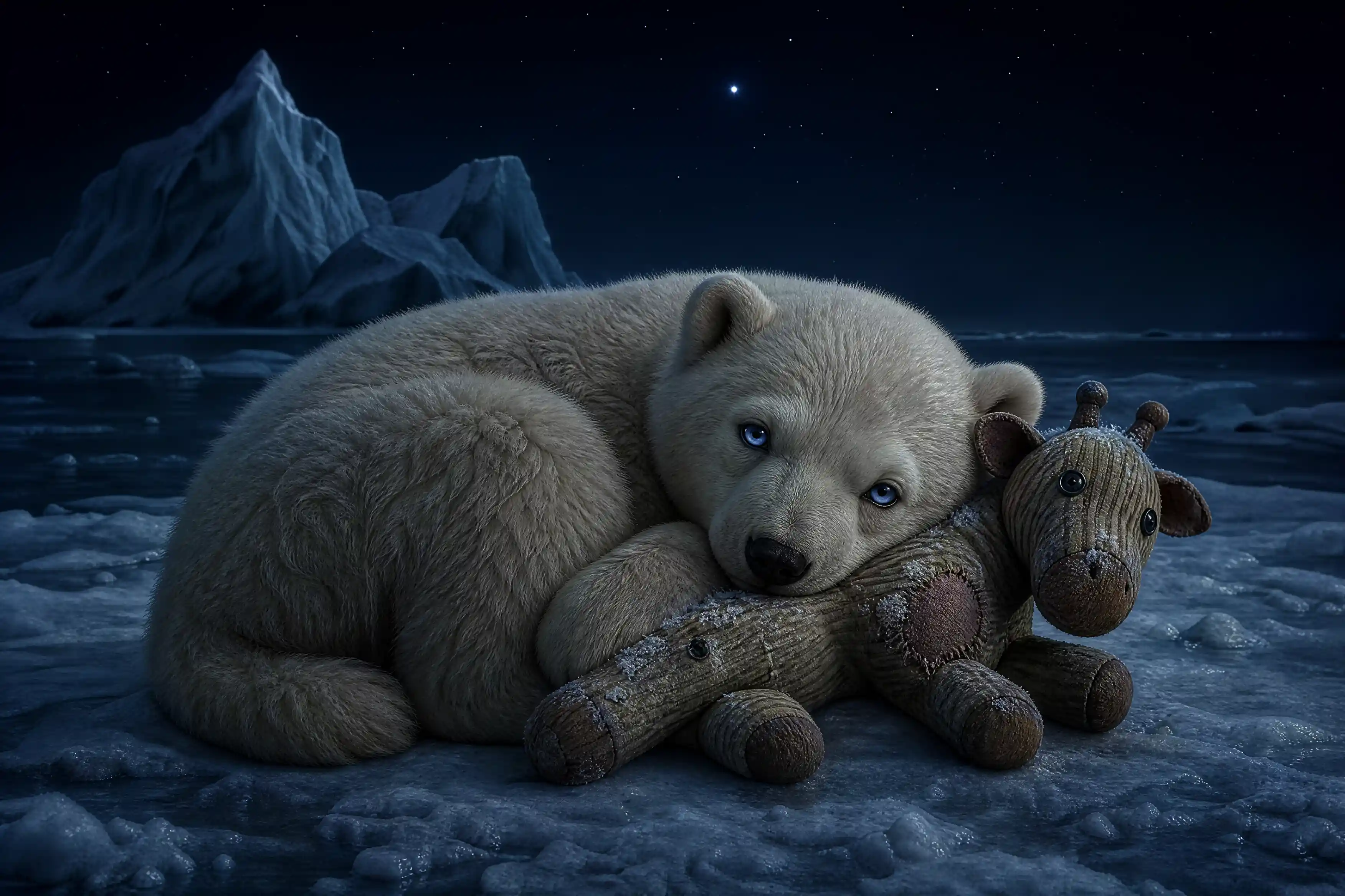 Jeune ours polaire câlinant un jouet usé sur une banquise glacée
