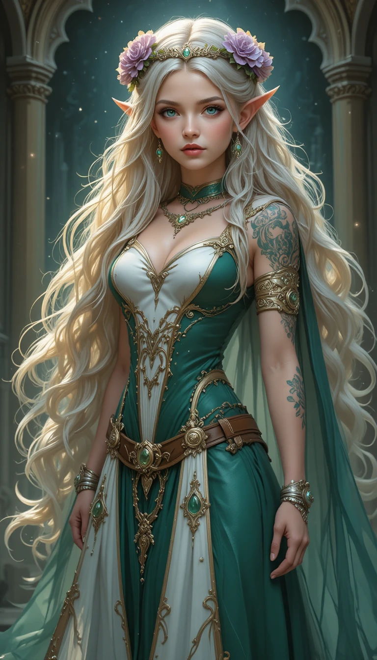 Elegante feiticeira de anime com vestido verde-esmeralda e joias